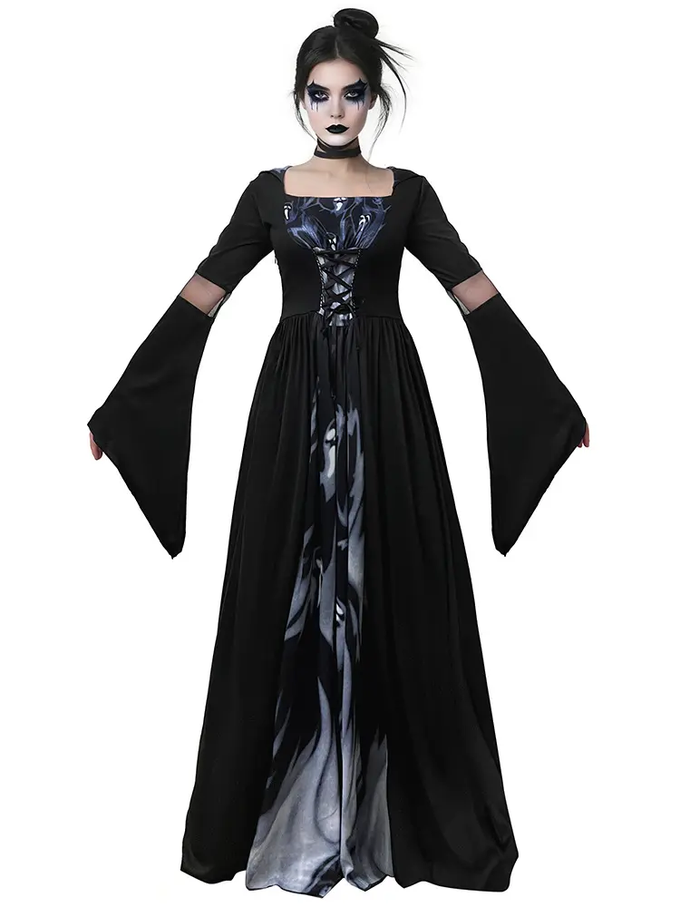 Women's Gothic Witch Costume - Long Bell-Sleeve Black Dress with Lace-Up Front for Halloween, Cosplay Parties