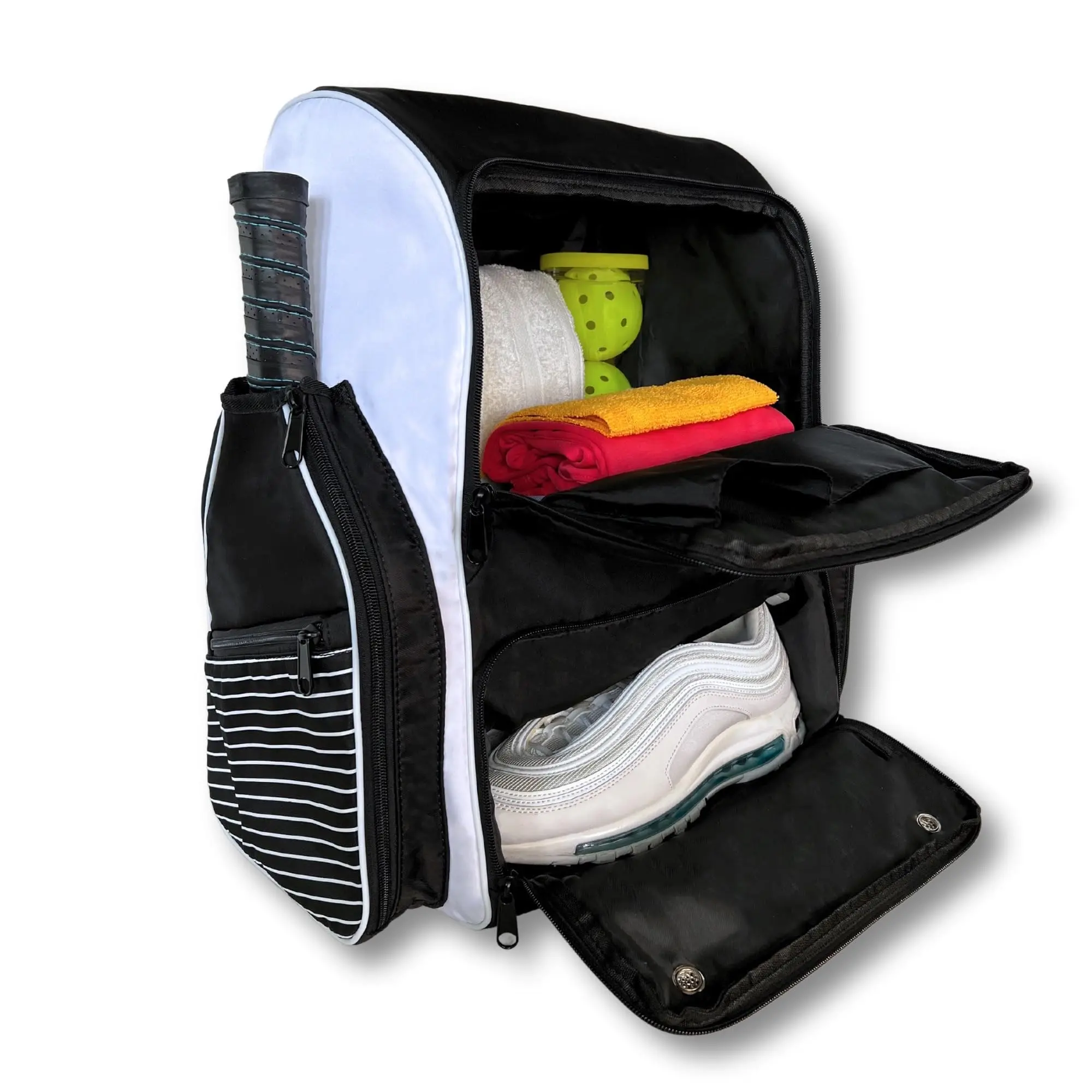 OLYMPIAN Dual Pickleball Backpack for Women and Men Hold 6+ Racket Paddles Quick Access Side Pocket X-Large Main Compartment Ventilated Shoe Storage, Water Resistant, Pickleball Balls Holder Geminate