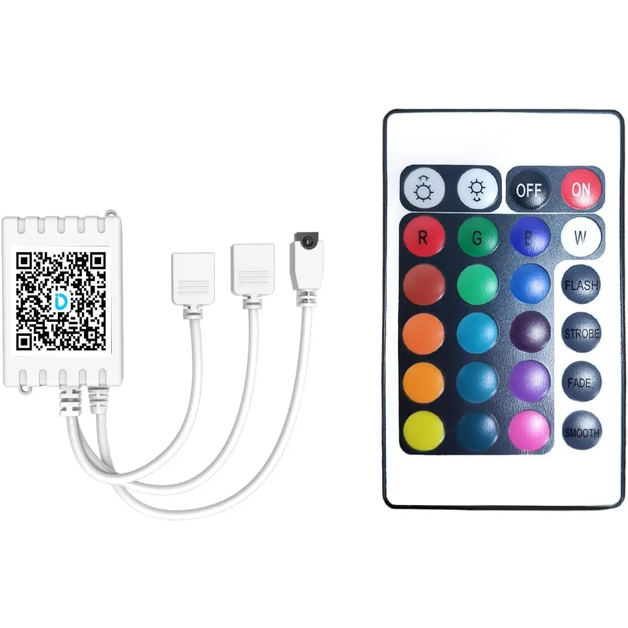 Updated Bluetooth Remote Control for RGB LED Light Strips, 2 Ports 24 Key 4 Pin Output Dimmable LED Strip Lights Voltage DC 12V(Without Power Adapter)