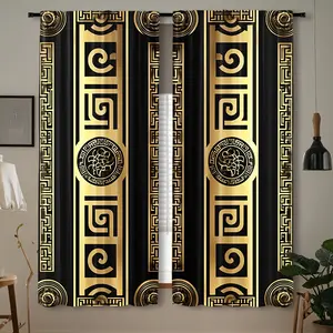 2D flat, 2-piece set, curtains, classic design, black and gold Greek key pattern, translucent privacy curtains, rod pockets, machine washable, suitable for living room bedroom decoration, easy to install, home decoration, Window Curtain