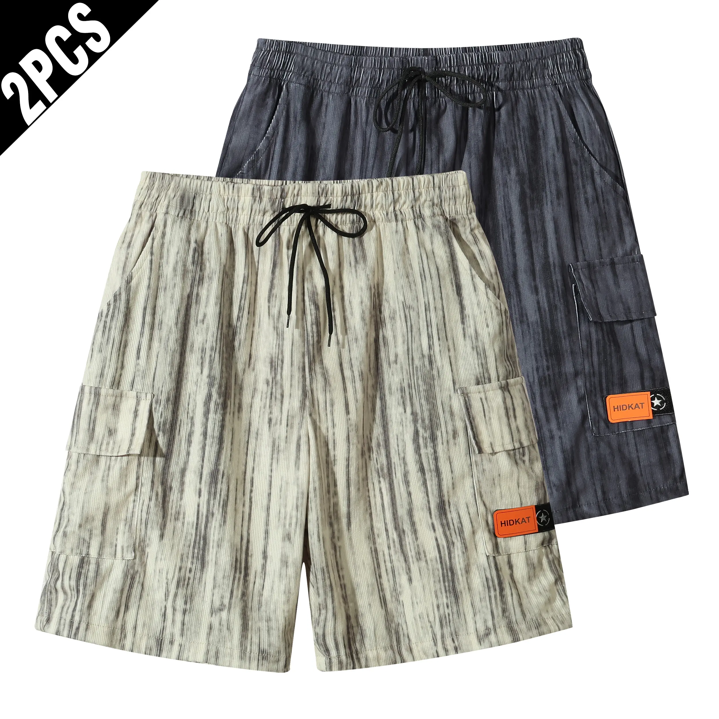 2 Pack Men Vertical Streak Tie Dye Cargo Shorts, Elastic Drawstring Dual Cargo Pockets Brand Tag Loose Knee Length Street Work Shorts Multipack