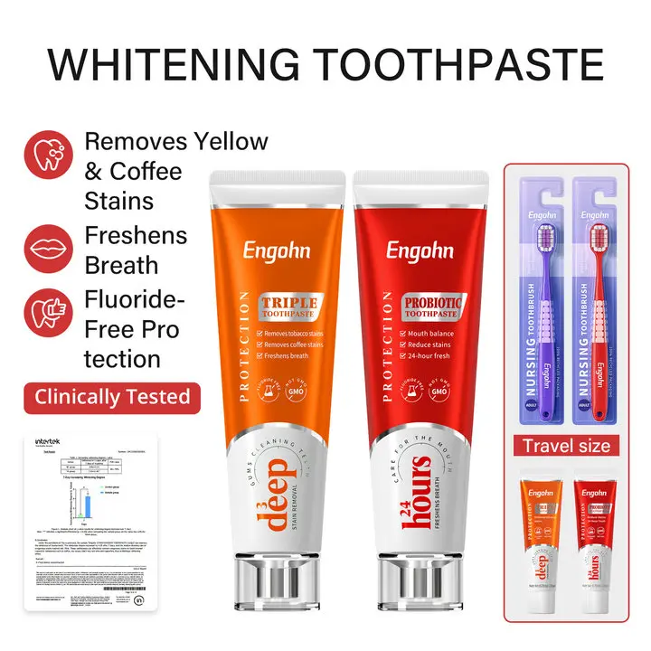 Probiotic Toothpaste and Toothbrush Set with 4 Oral Probiotics for a Deep Clean, Teeth Whitening & 24-Hour Fresh Breath, Removes Coffee & Tea Stains, Family Travel Kit, Bright White Toothpaste