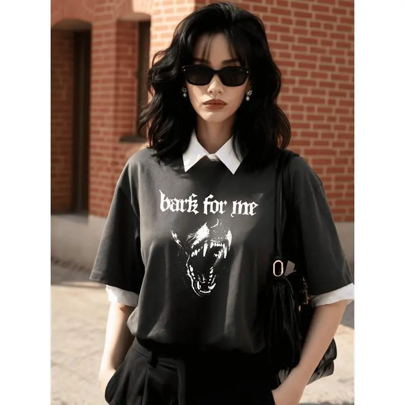 Women's Vintage Chic Soft Cotton Round Neck Drop Shoulder Short-Sleeve Printed Casual Graphic T-Shirt - Retro Funny Barking Dog Print, Humorous Quote, Twist Seamless, 3XL, Hang Dry, Do Not Bleach, Easter Classic Gift t0109, All Seasons Apparel