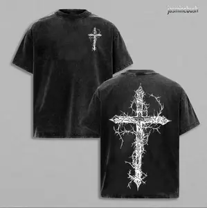 Thorn Cross Gothic Cross T-shirt Washed Biblical Cross Art Tee Jesus Tshirt , Cross Tee, Christian Apparel Streetwear Menswear Oversized Top Men and Women Bible Verse Church Outfit Gym Pump Cover