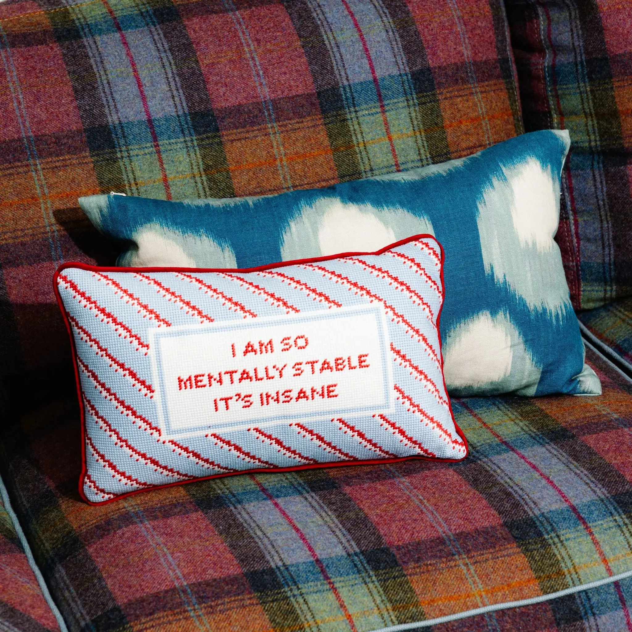 Velvet Needlepoint Pillow with Detailed Stitch, Humorous Quote & Playful Print - Small Size Cozy Aesthetic Dopamine Decor, Living Room Home Accent, Ideal Gift for Home Enthusiasts