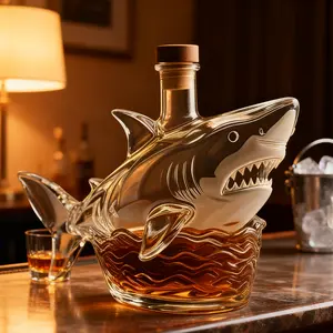 Funky Ocean Predator Shape Glass Whisky Bottle with Lid - Reusable, Washable Drinkware for Brandy, Wine, Vodka - Home Leisure Kitchen Supply - Whisky Lover Dad Gift, Glass Bottle