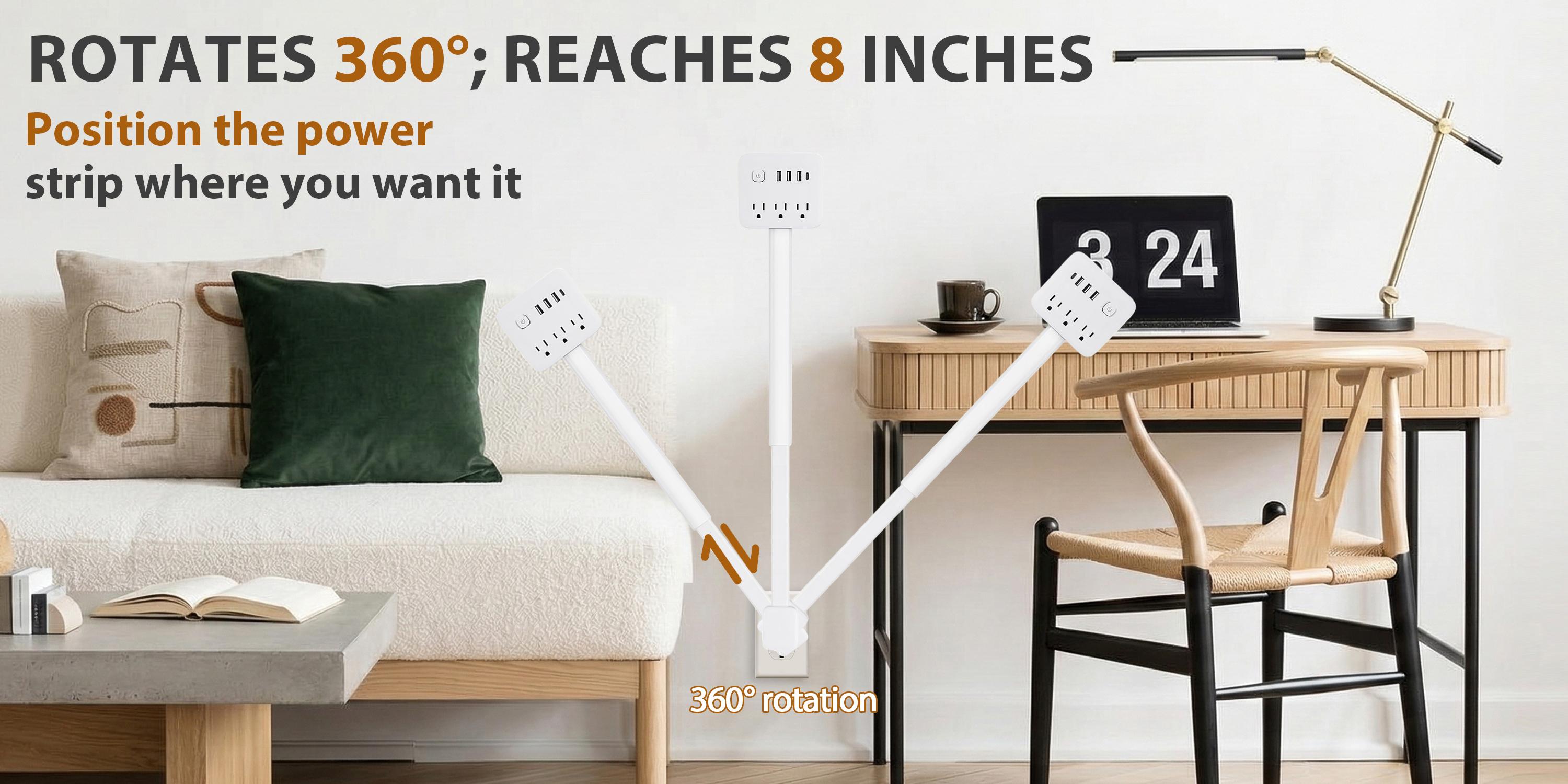 Premium 180° Rotating Power Outlet Extender with Adjustable Wall Plug Adapter and Multiple Sockets, Space-Saving Power Expander for Home and Nightstand