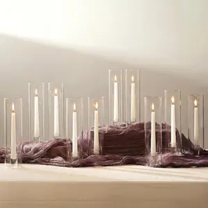 Taper Glass Candle Holders Set of 10 Bulk Hurricane Candlestick Holders Candle Stick Stand with Cylinder Sleeves for Thanksgiving Christmas Birthday Party Decor