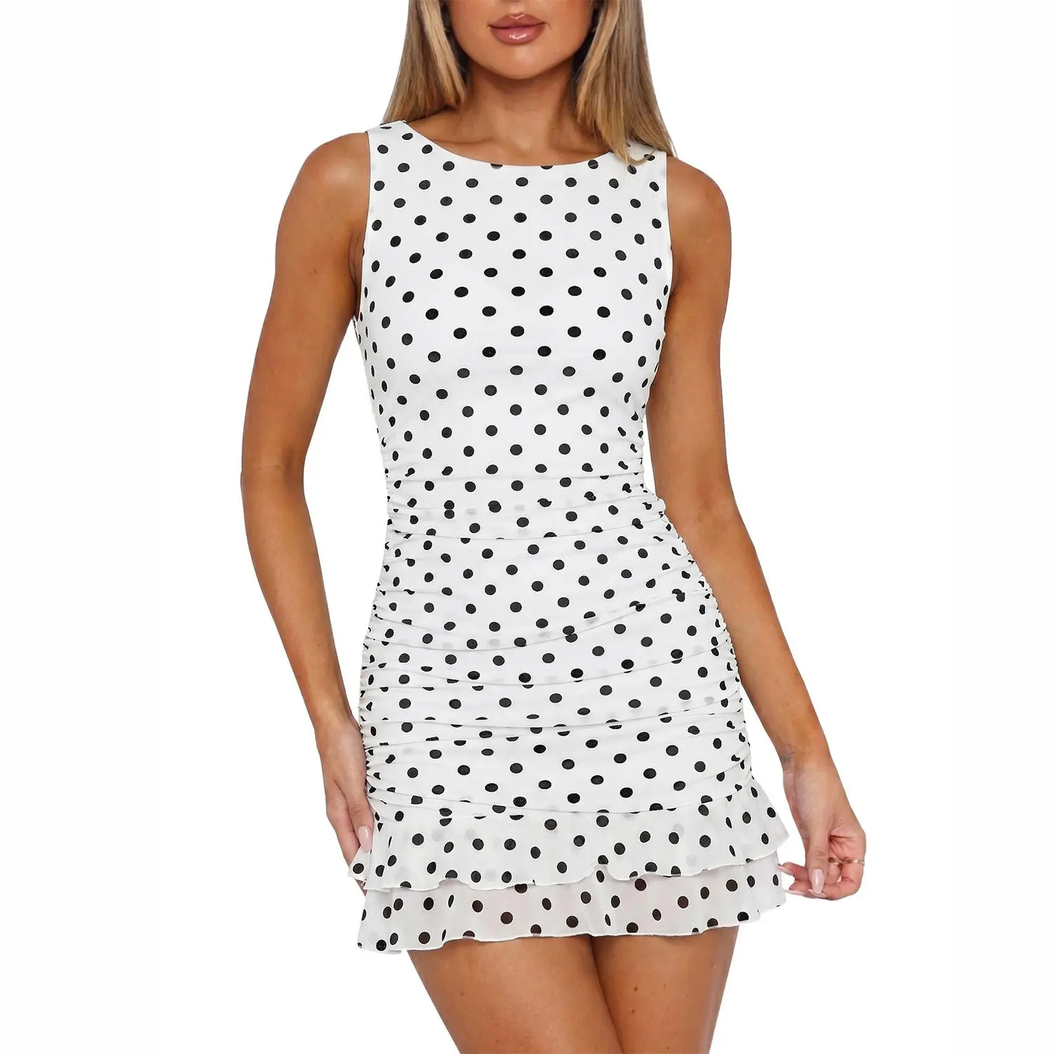 HOCILLE Polka Dot Boat Neck Ruched Mesh Fabric Mini Dress, Elegant Summer Wedding Guest Outfit, Sleeveless Stretchy Bodycon Ruffle Hem Dress, Cute Vacation & Date Night Outfits for Women Elegant Date Night Dress