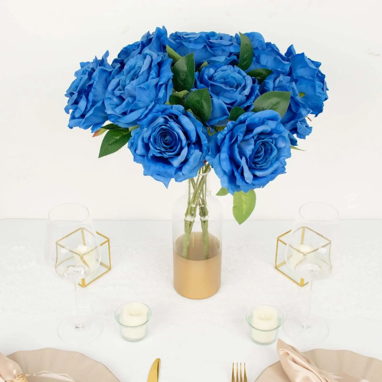Synthetic Artificial Roses Bouquet Set - 2-Pack 17in Royal Blue Premium Silk Jumbo Rose Bushes, Wedding Floral Arrangements for Room Decor