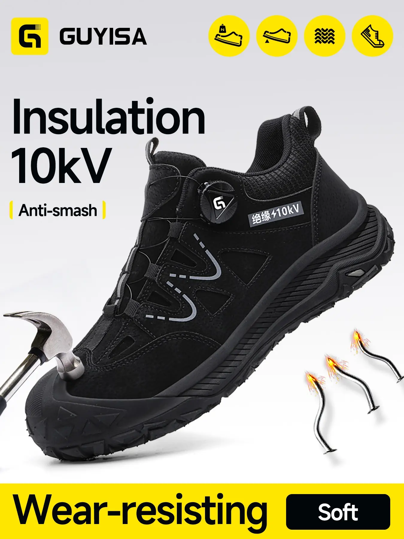 Electrician Shoes Guyisa Work Safety Footwear, Anti-Compression, Insulated 10kv, Kevlar Sole, Waterproof, Low Top, Leather, Work Boots