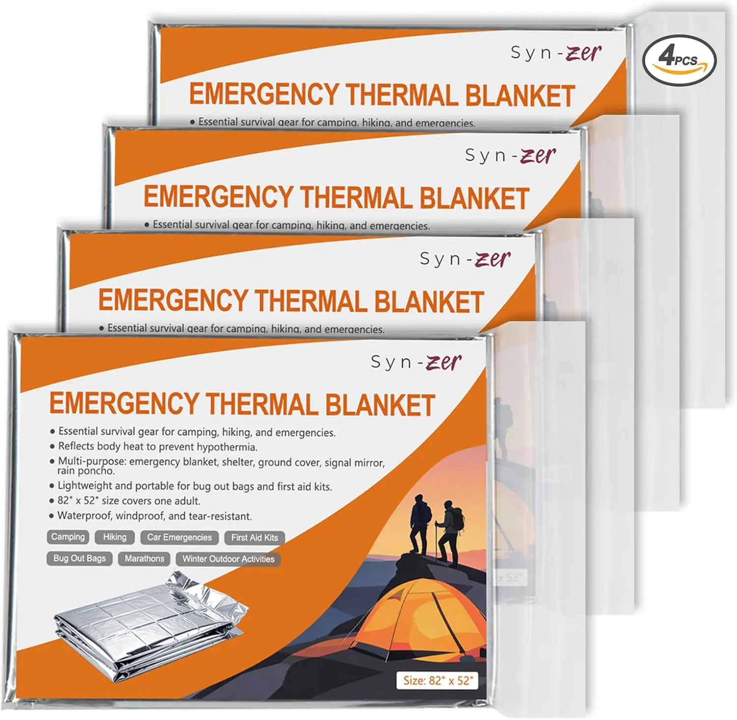 Syn-zer 4-Pack Unisex Full Body Thermal Mylar Emergency Blankets - 82×52 in. Adult Large Foldable Pack for Camping, Hiking, Car Emergency, Hiking/Camping