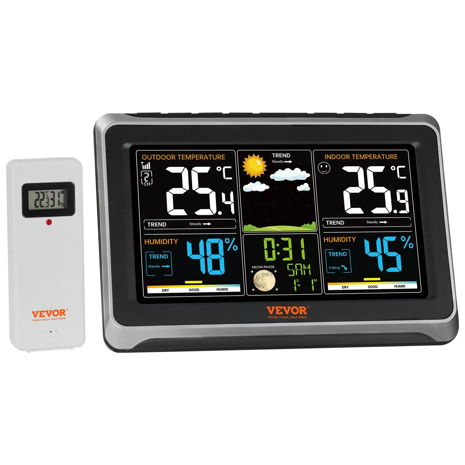 VEVOR Wireless Digital Weather Station with LCD Thermometer, 7.5in Large Color Display, Atomic Clock, Adjustable Backlight, Forecast Data, Calendar, Alarm Alert, Easy Setup, 2sec Time Setting, Outdoor Sensor View, Travel Tech Gadget, Father's Day Gift, Di