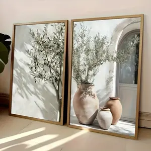 2pcs Mediterranean Olive Tree Canvas Art Prints with Wooden Frame, Artistic Modern Minimalist Design Wall Decor for Living Room Bedroom Kitchen Home Decoration