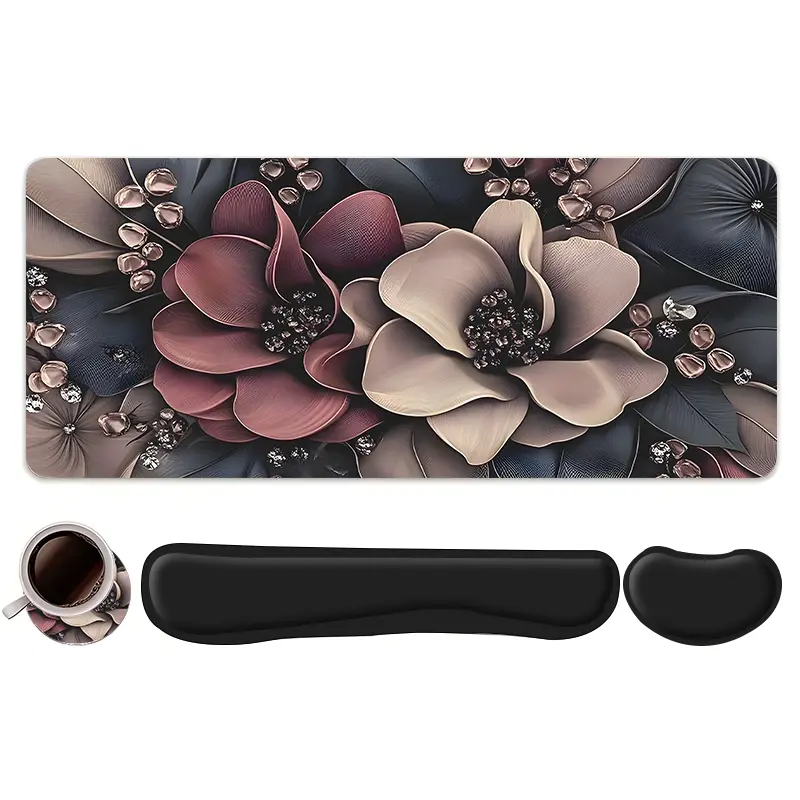 4pcs Elegant Flowers Design Mouse Pad + Keyboard Wrist Rest + Ergonomic Mouse Pad + Coaster Set For Desktop Decoration, Office Accessories Set Ergonomic Wrist Support, Computer Mat Mouse Pad Coaster Suitable For Home Office Gaming