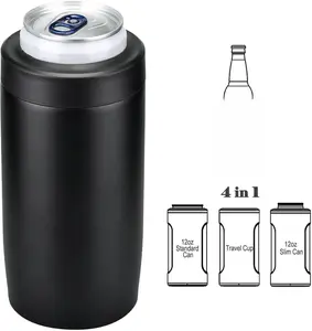 4-in-1 Skinny Can Cooler Double Wall Stainless Steel Insulated Can Holder, Works With 12 Oz Slim Can,Standard Cans,Beer Bottles & As Pint Cups(Black)