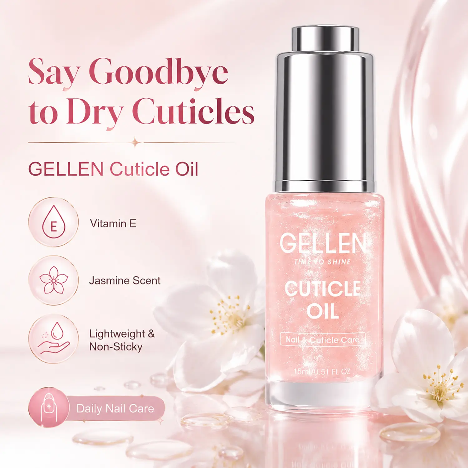 Gellen Cuticle Oil for Nails, Vitamin E Nail & Cuticle Care Oil, Jasmine Scent, Lightweight Non-Sticky Nail Nourishing Oil for Dry Cuticles & Stronger-Looking Nails, 15ml