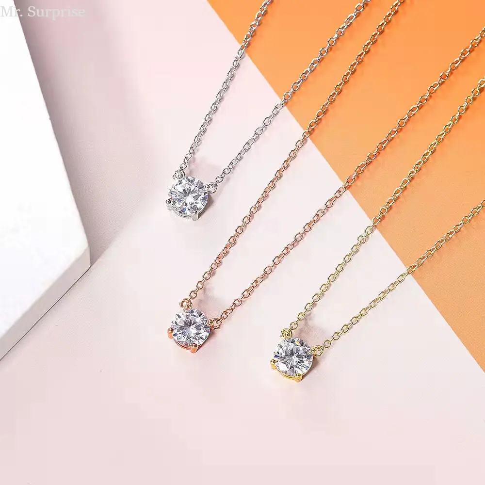 18K Gold Plated 2CT Moissanite Pendant Necklace, Classic 4 Prong Simulated Diamond Solitaire Necklace, Minimalist Silver Tone Clavicle Chain for Women