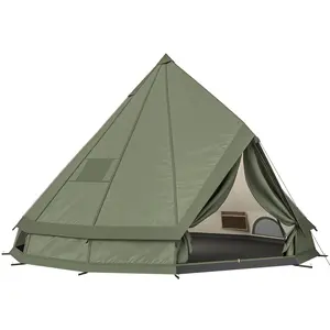 Teepee Tent Waterproof Camping Tent with Stove Jack – 4-6 Person. All-Season. 5-10 Min Setup. 3000mm Waterproof. 157.5" x 157.5" x 98.4". Mesh Windows. Storage Pockets. Army Green