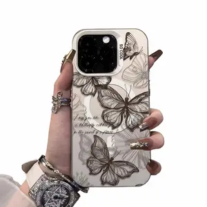 Line Butterfly Premium Magnetic Shockproof Wireless Charging Case for iPhone 16 Pro Max 15 14 Pro 13 Pro Soft Edge Hard PC Back Cover with Magnetic Protection TPU Protective Casing White