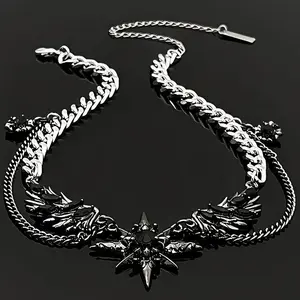 Gothic North Star Wing Black Crystal Layered Chain Choker Necklace - Punk Unisex Cuban Link Collarbone Jewelry for Streetwear Chains