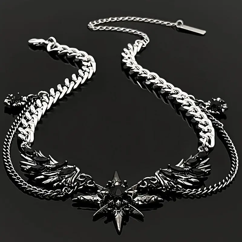 Gothic Chain Necklace with Black Crystal Star Wings, Unisex Double-Layer Cuban Link Streetwear Jewelry, Adjustable, Stackable Choker, Chain Necklaces, Men's Accessories, Choker Necklace