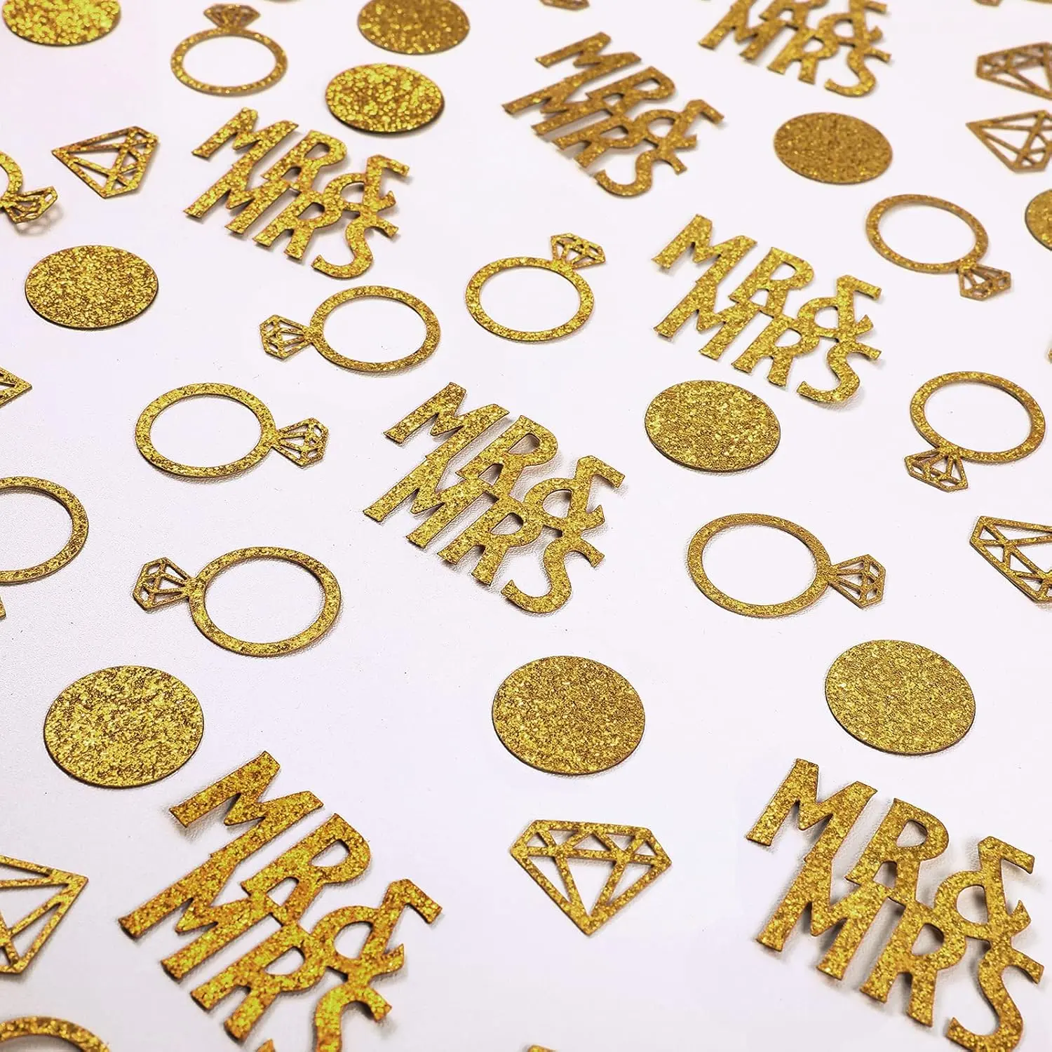 Gold Paper Wedding Table Confetti - 220 Pieces, Mr&Mrs, Diamond Ring, Circle Dots, Glitter Designs for Marriage Ceremony, Anniversary Festive Supplies