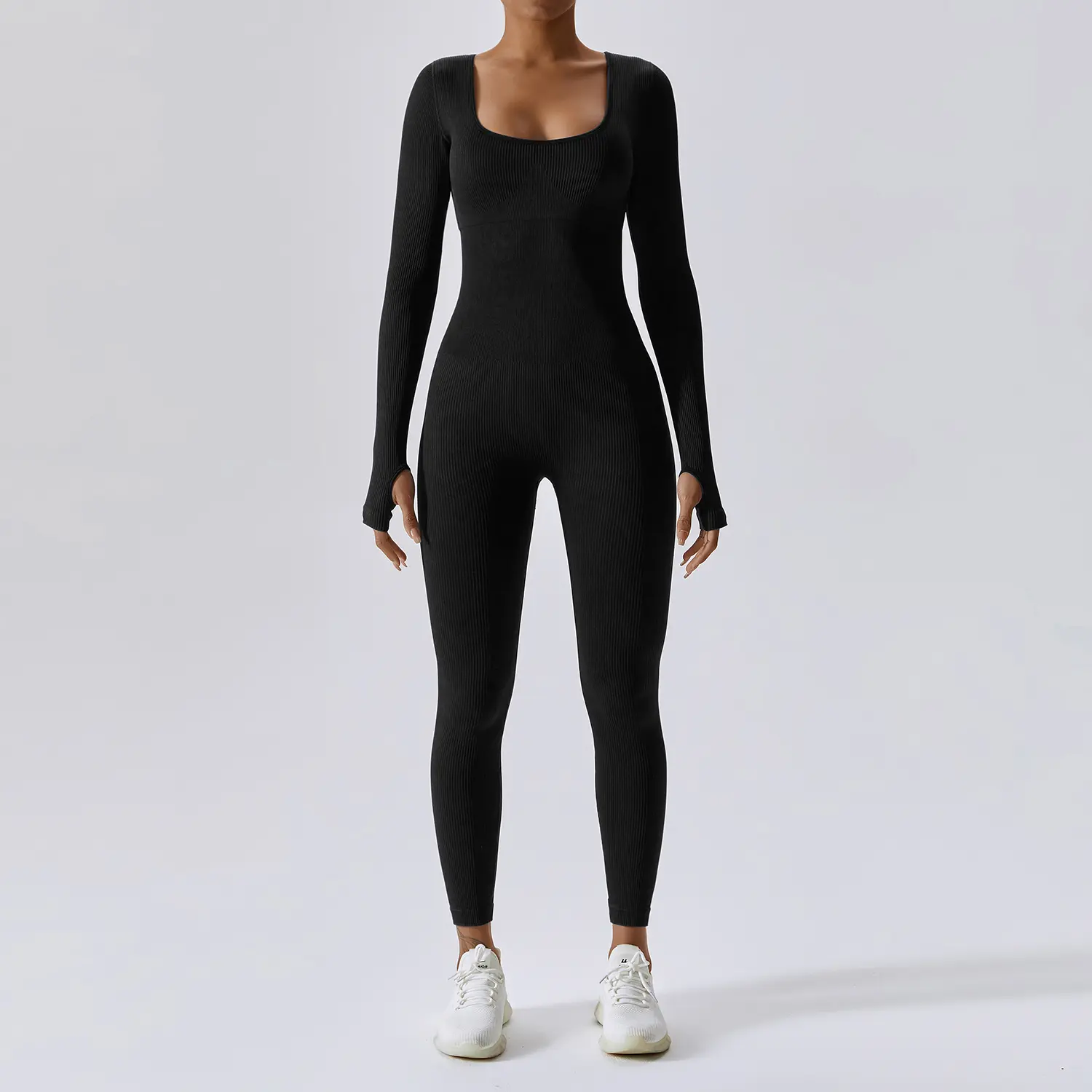 PASSBYE Women's Stretchy Ribbed Bodysuit - Compression Workout Onesie, Athletic Dress for Yoga Gym - Overalls Set, Fitted Overalls, Fitted Jumpsuits & Rompers, Body-Hugging Jumpsuits & Rompers, Long Sleeve Shirt, Full Length Overalls