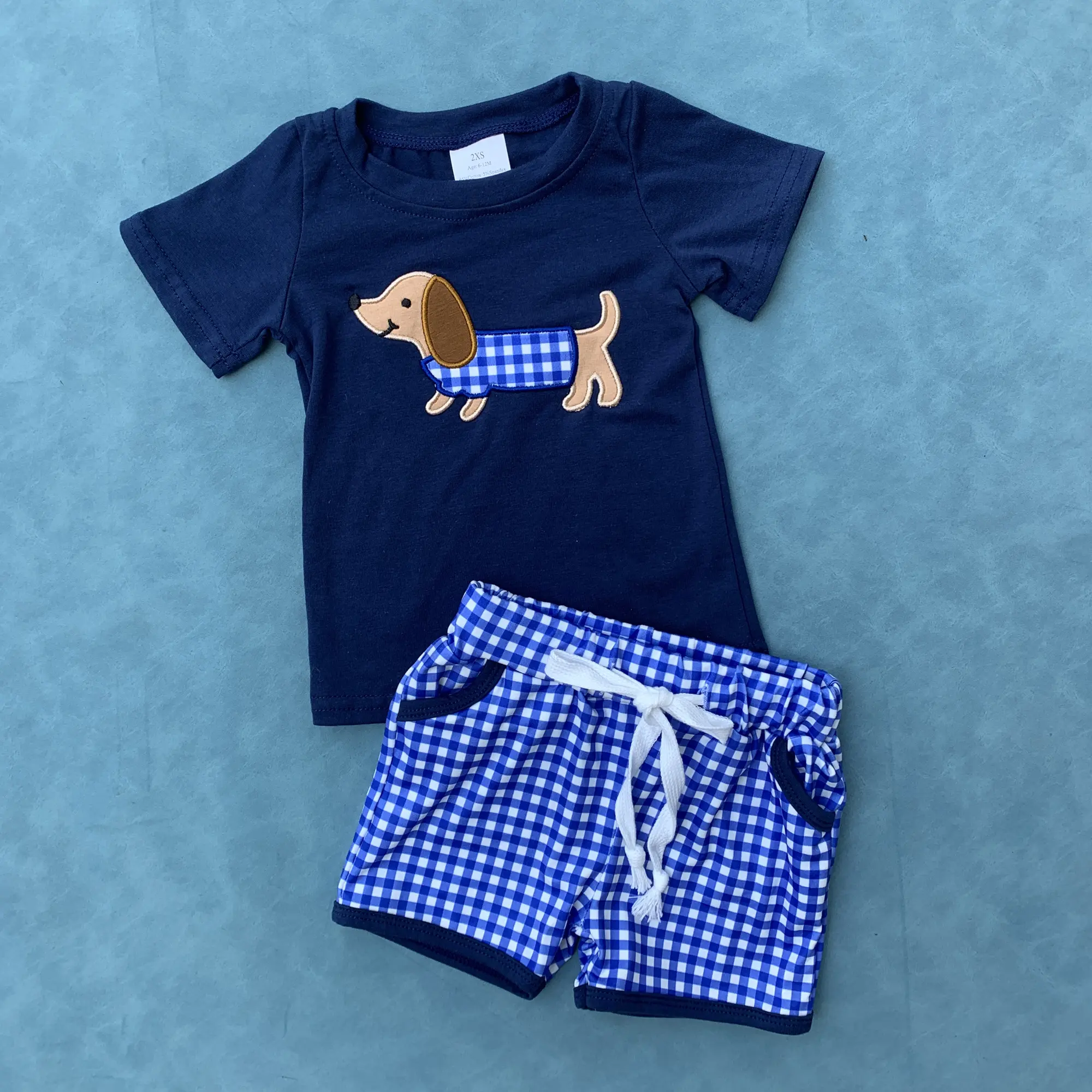 Embroidery dog shirt matching shorts kids boy summer outfit