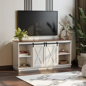 【65" Solid Wood TV Stand with Sliding Barn Doors】- Modern Farmhouse Entertainment Center with Double Layer Storage, 300LB Capacity Media Console for Living Room, Easy Assembly Design