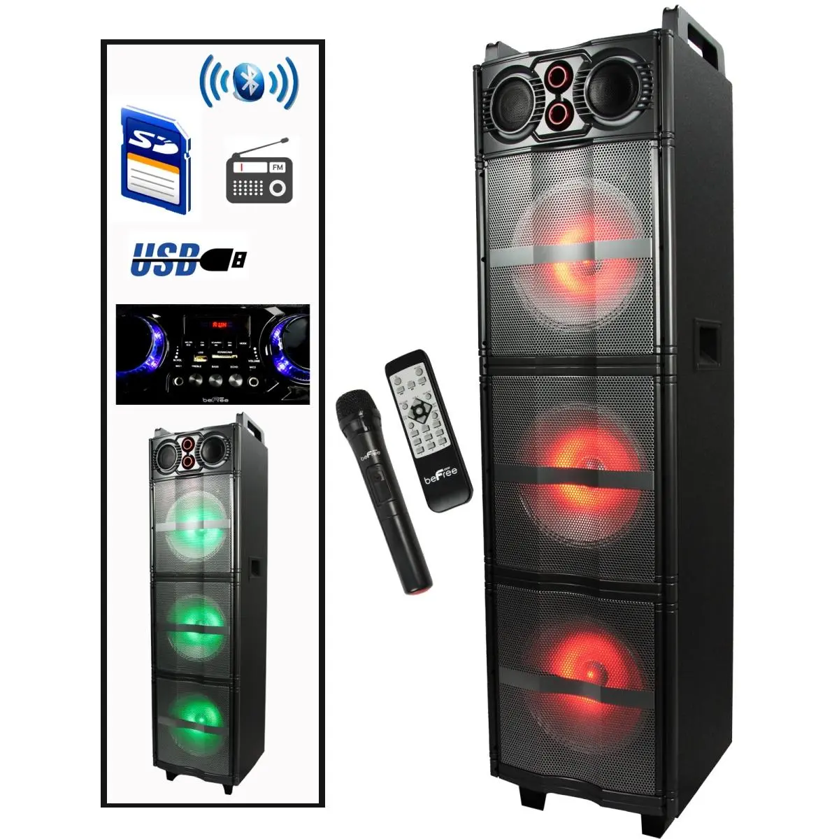 212 MAIN Bluetooth Portable Speaker with 10 in. Party Lights, Triple Subwoofers, Guitar Audio Compatibility, Wireless Connectivity, USB Port, Remote Ctrl, SD Slot, Handle, Mic In, High-Watts Sound