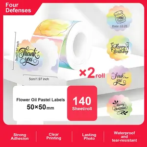 2 Rolls 50mm Color Thermal Label Paper for Phomemo M220 M200 M221 M110 P50 P80 P1 Printers, Waterproof Stickers Mini Printer Paper, Floral Pattern Sticker, Self Adhesive Label