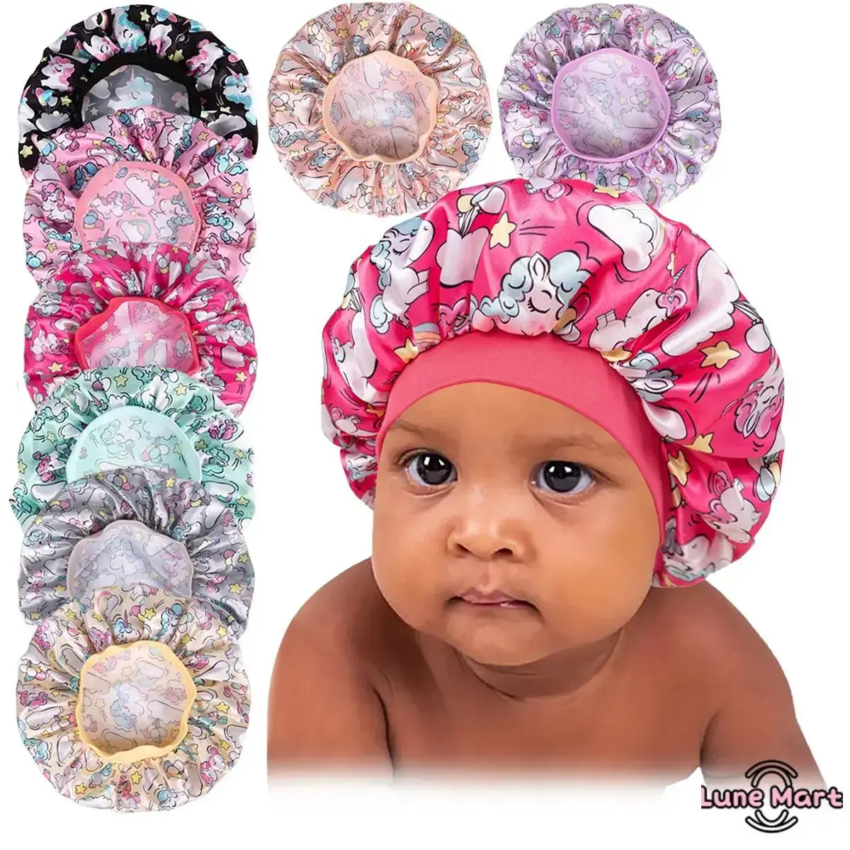 Kids' Sleep Bonnet, Cute Printed Soft Satin Hair Care Hat for Toddlers, Lightweight & Reusable for Everyday Nighttime & Bath Use, Showercap, Baby Care, Child, Daily, Breathable, Infant Size, Night Sleep, Comfortable Hat, Plain