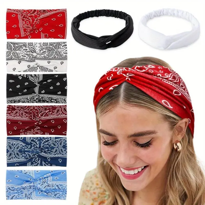 8Pcs Sport Bandana Headbands for Women Boho Elastic Hair Bands for Women's Hair Twist Turban Head Wraps Fashion Hair Accessories