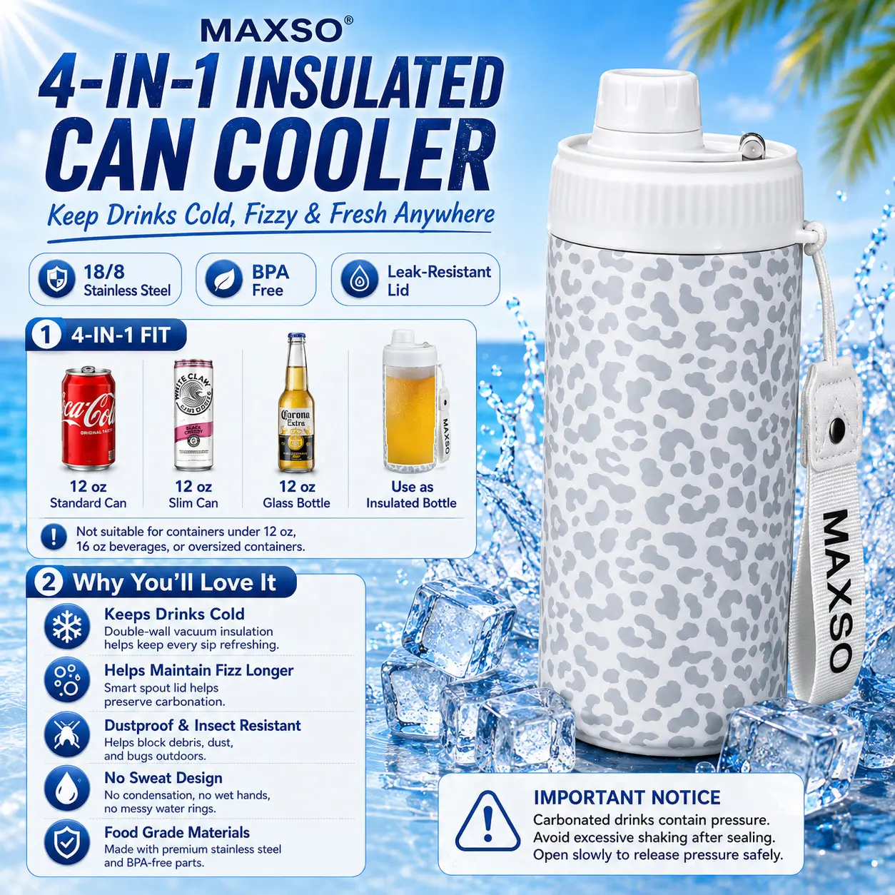 [TikTokShopBackToSchool] MAXSO Fizz Lid Can Cooler, 4-in-1 Vacuum Insulated Stainless Steel Drink Holder Fits 12oz Standard Cans, Slim Cans & Glass Bottles, Sealed Tumbler for Soda, Beer & Sparkling Drinks, Beach, Camping & Travel Drinkware Mug