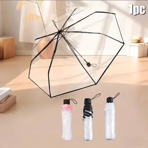 1pc 8-Rib Thickened Pvc Transparent Folding Umbrella, Outdoor Photoshoot Travel Three-Fold Umbrella For School,Office,Household,Travel, Portable Foldable Umbrella