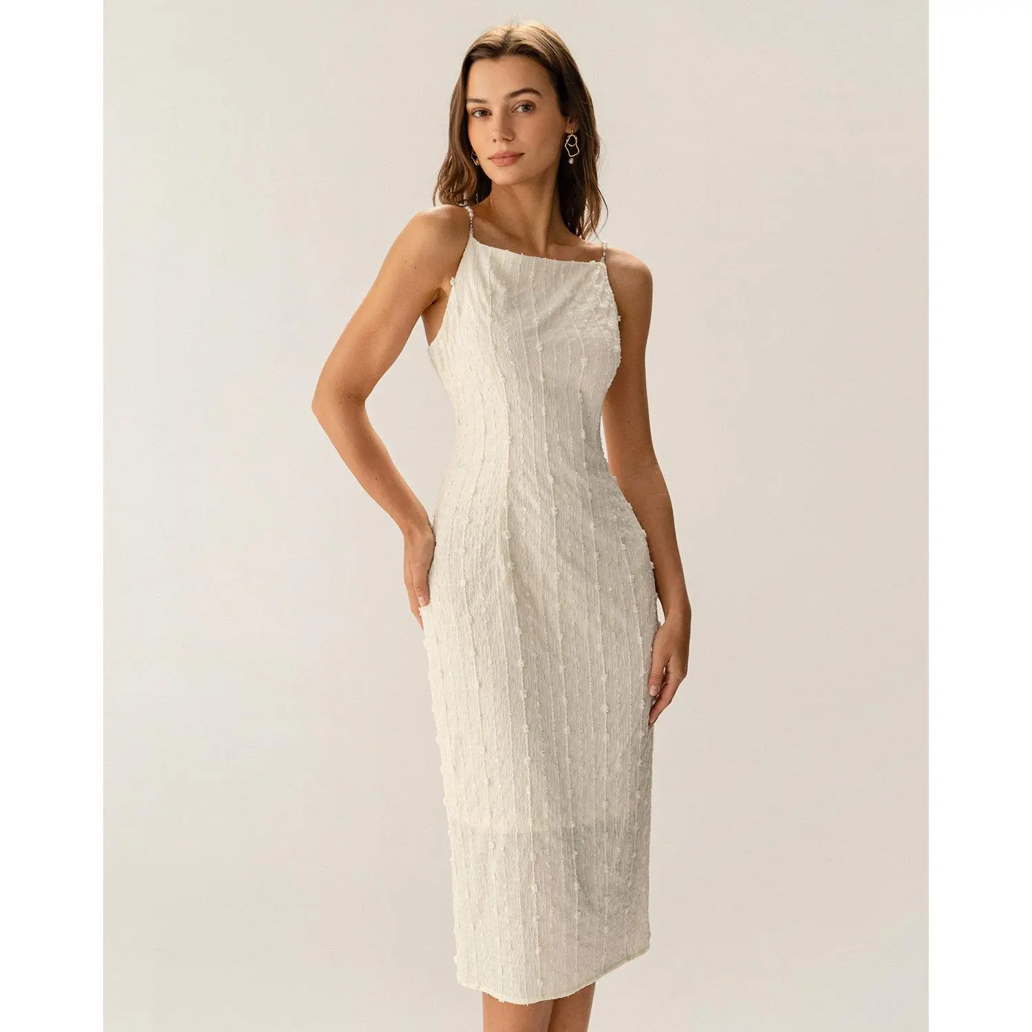 RIHOAS Women's Sleeveless Waisted Beige Textured Spandex-Polyester Blend Slip Midi Cocktail Dress - Square Neck, Strappy Beaded Straps, Fitted Bodycon, Dry-Fast Fabric, Zipper, Elegant Neutral Palette, for Casual/Evening Occasions