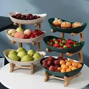 Modern 3-Tier Tiered Serving Stand - Aesthetic White Fruit Bowls with Eco-Friendly Bamboo Frame - Minimalist Countertop Organizer for Home & Office - Shatterproof Snack Display Rack