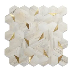 10-Sheet Hexagon Peel and Stick Backsplash Tile,12.2x11.34 inches Beige Marble Mixed Metal 3D PVC Wall Tiles Stick on Backsplash for Kitchen and Bathroom