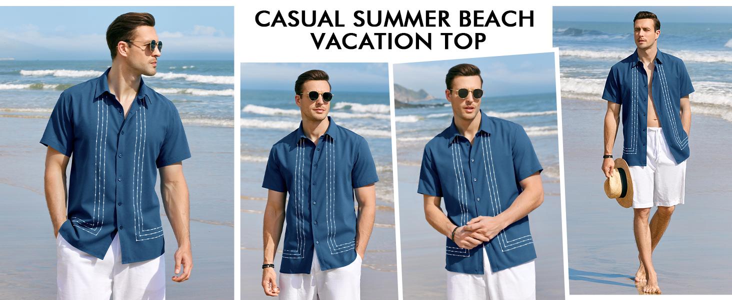 Runcati Mens Cuban Guayabera Shirt Short Sleeve Button Down Shirts Casual Linen Summer Beach Vacation Tops