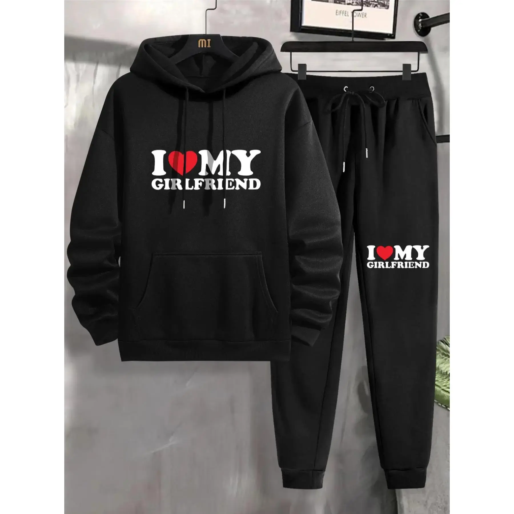 Men's "I Love My GF" Print Drawstring Two-Piece Set, Regular Fit Long Sleeve Hoodie Sweatshirt & Pocket Jogger Pants, Men Two-piece Outfits For Daily Wear