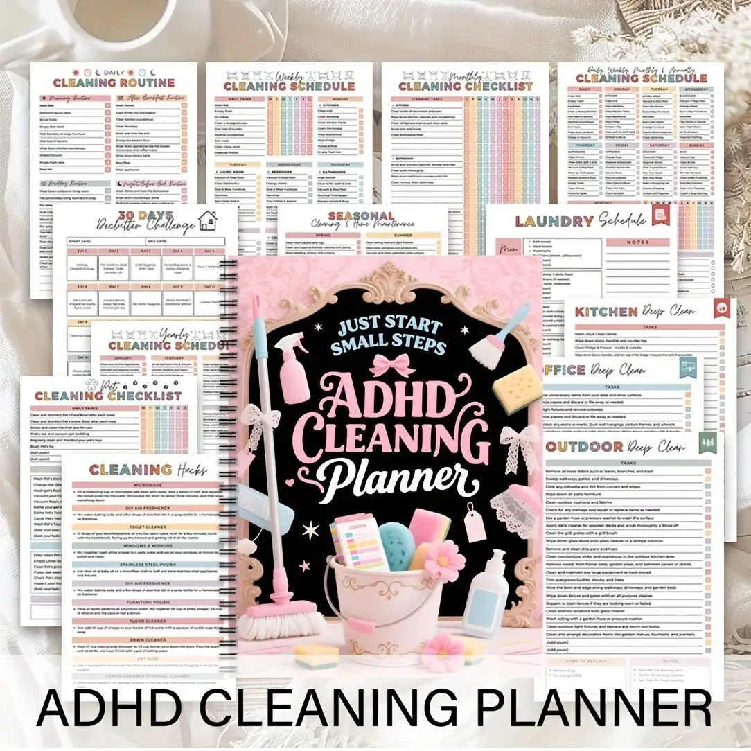 ADHD Cleaning Planner (Spiral Bound) - A Color-Coded Cleaning Schedule, Daily/Weekly/Monthly/Yearly Planner, Chore List, Household Cleaning Planner, Suitable for Productivity Planning And Cleaning Records for Families, Offices, Homemakers, And Mothers
