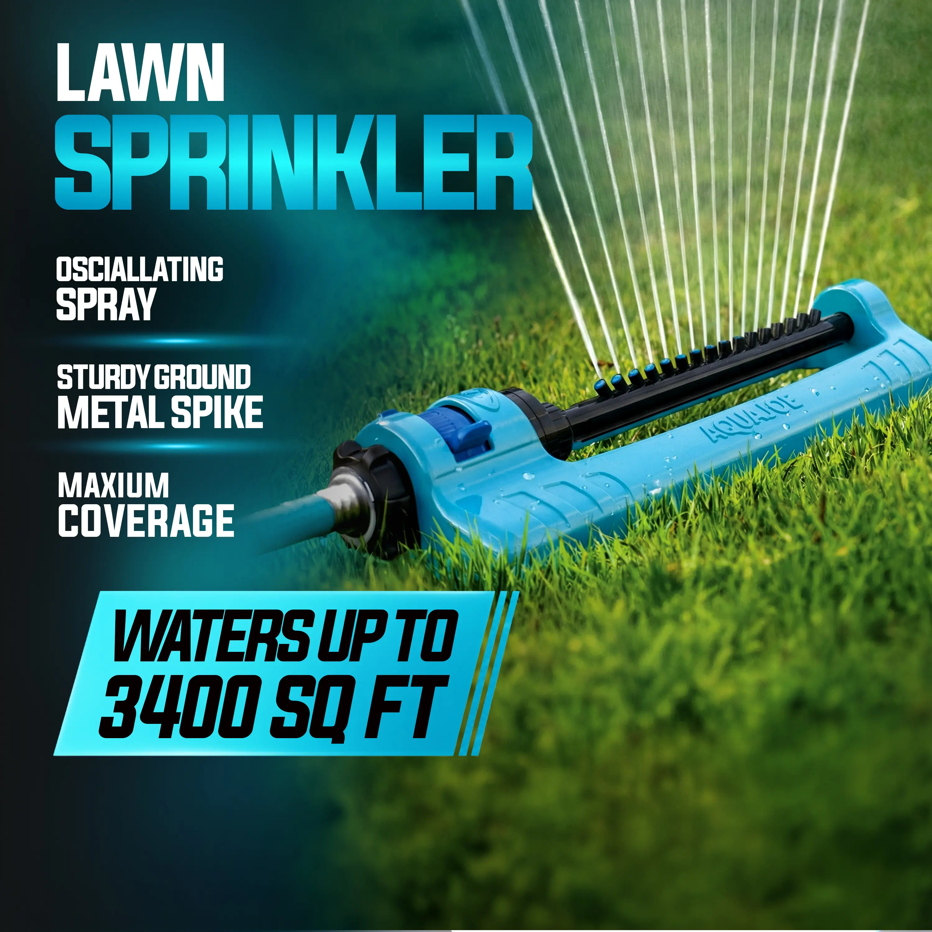 Aqua Joe Automatic Oscillating Lawn Sprinkler with Metal Ground Spike - Adjustable Spray Position, 3,400 Sq Ft Max Coverage for Lawn and Garden Watering Needs, Oscillating Lawn Sprinklers Adjustable, Automatic Oscillating Sprinkler