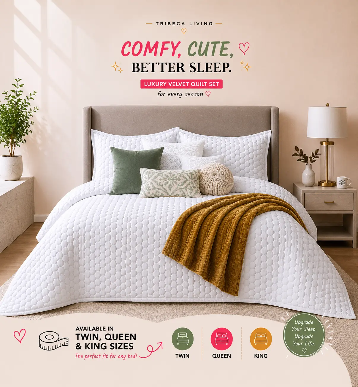 Tribeca Living Lugano Honeycomb Velvet Oversized Quilt Set, Soft Plush Velvet Quilt, Modern Cozy Bedroom Upgrade, Luxury Bedding for All-season comfort