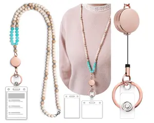 Lanyards for Id Badges for Women, Cute Teacher Lanyard with ID Holder and Retractable Badge Reel for Keys, Wooden Beaded Keychain Lanyard