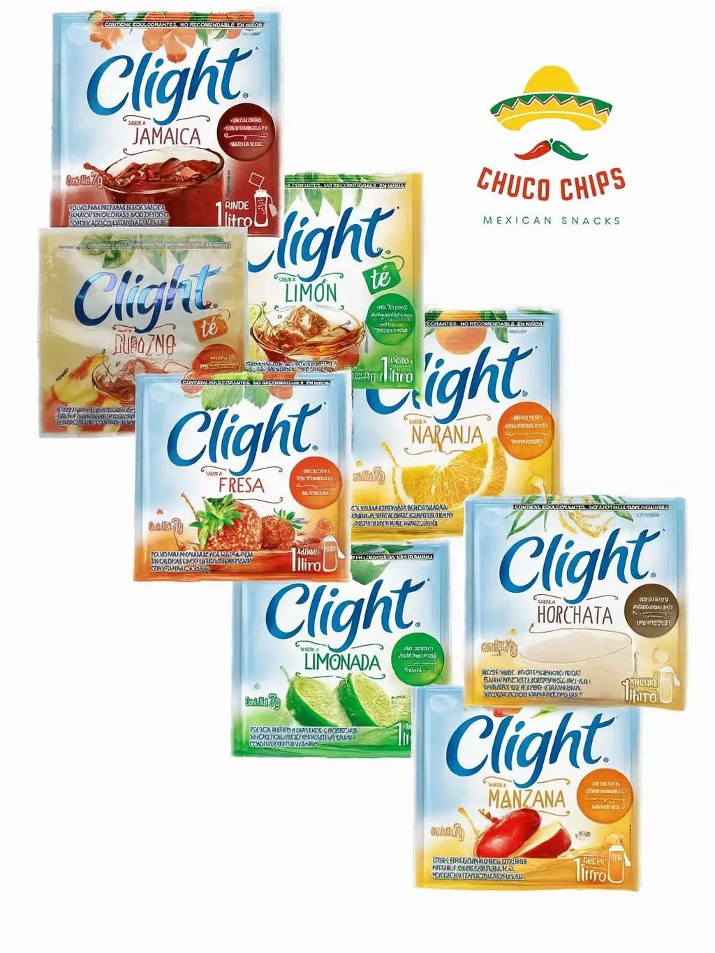 10 pack Clight Drink Mix. 8 deliciously flavors to pick from. Horchata, Strawberry, Apple, Limon, Peach, Jamaica, Limonada, and Naranja. Powdered drink mix  Beverage