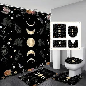 1/4pcs Creative Mystical Moon Phase Magic Shower Curtain Set, Background, Starry Sky, Floral Elements, Includes 12 Hooks, Home Bathroom Decor, Mother's Day Gifts