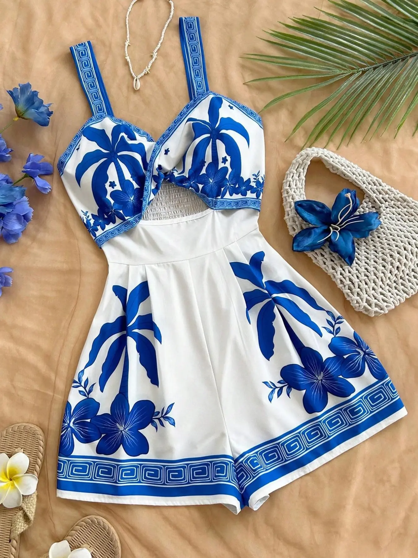 Women's Relaxed Fit Jumpsuit with Tropical Palm Tree Print and Embroidered Front Knot, Casual Beachwear for Summer Vacation, Floral Beach Dress
