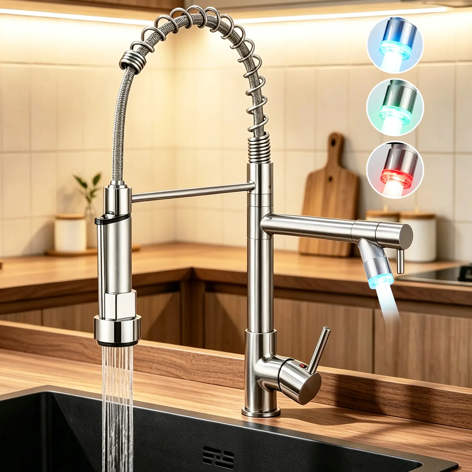 Commercial Kitchen Faucet with Pull Down Sprayer, Single Handle 360° Swivel, LED Light Kitchen Sink Faucet, Dual Spouts, Brushed Nickel Finish