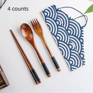 Japanese Style Western Dining Gift Set, Wooden Spoons & New Twisted Chopsticks, Creative Portable Spoon Fork Set, 4 Pieces
